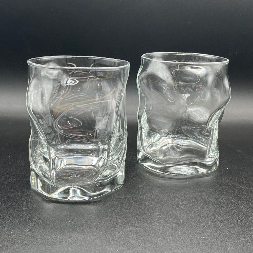 2 Bormioli Rocco Pinched Crinkled Thumbprint Glass Tumblers Drinking Glasses VTG